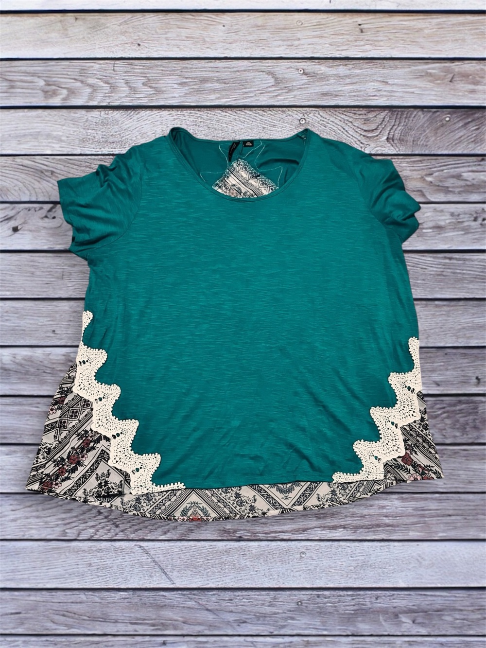 New Directions Teal Green Crochet-Trim Floral Print Short Sleeve Top 2x